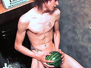 Experimental twink uses a melon to masturbate his fresh young cock!